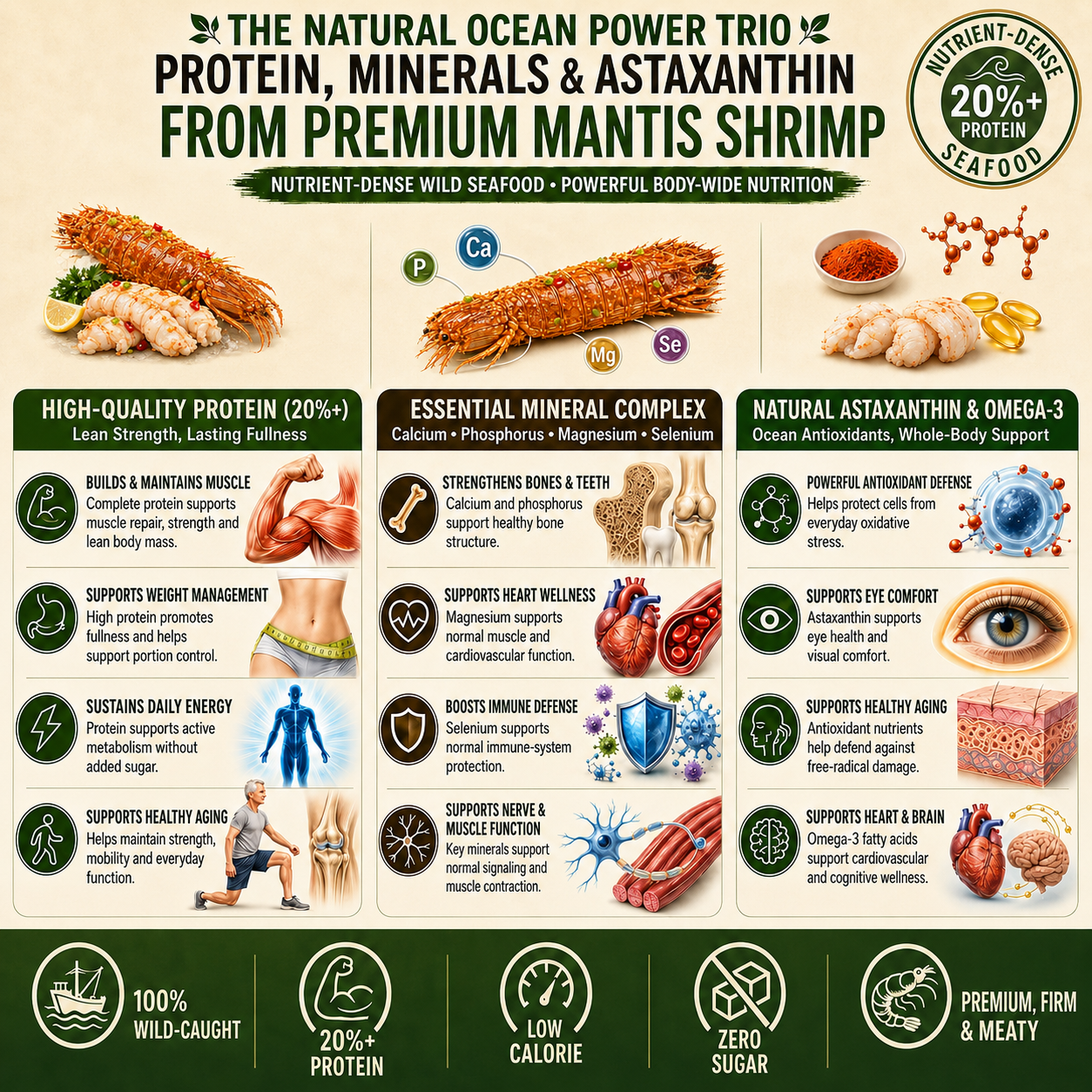 Protein minerals and astaxanthin in Premium Mantis Shrimp