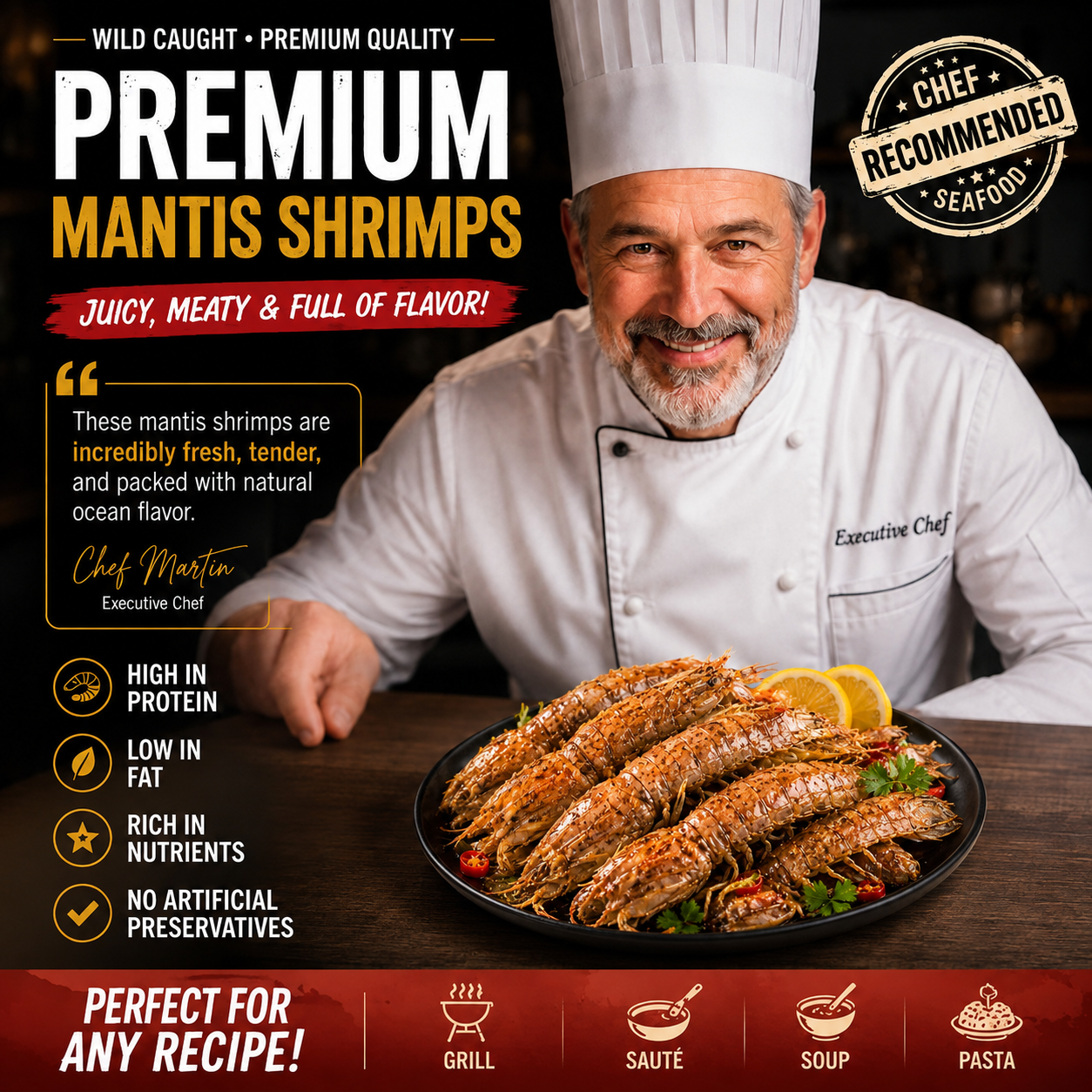 Premium wild-caught mantis shrimp presented by a chef