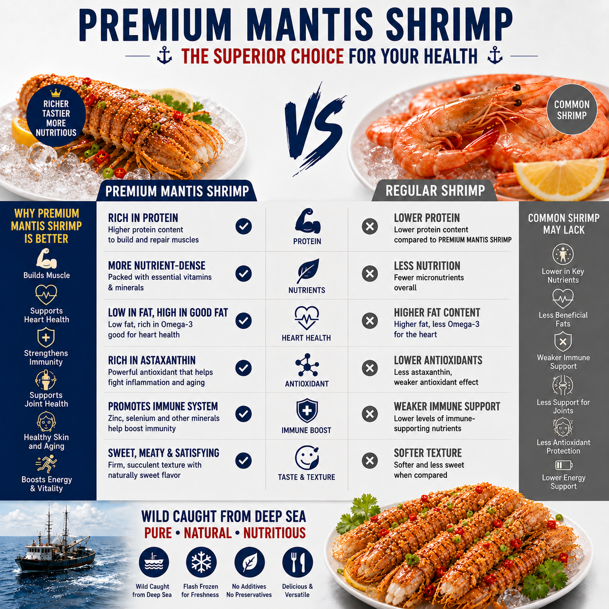 Premium Mantis Shrimp compared with regular shrimp