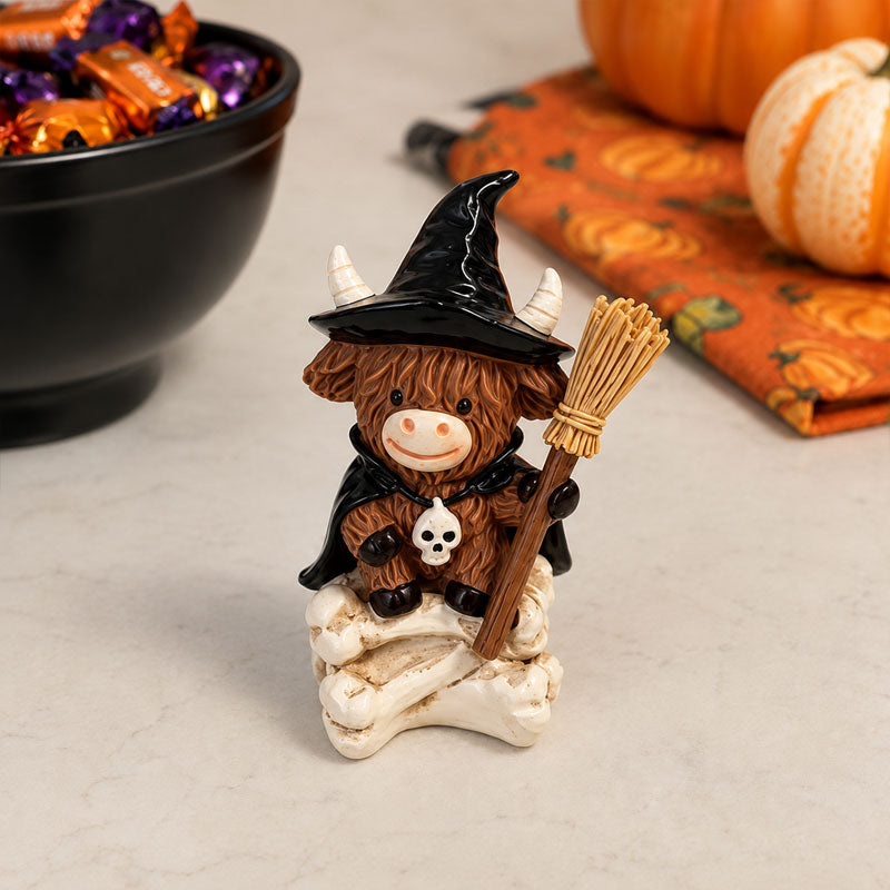 Halloween Highland Cow Witch Ornament – Spooky-Cute Tabletop Decor for Mantel, Shelf & Candy Station-ZZZ