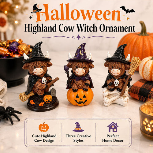 Halloween Highland Cow Witch Ornament – Spooky-Cute Tabletop Decor for Mantel, Shelf & Candy Station-ZZZ