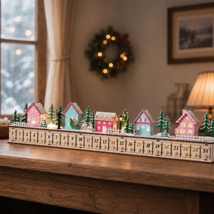 Home Reflections Christmas Village Advent Calendar – DIY Wooden Countdown Decoration with LED Lights, Music & 24 Gift Drawers-Dongg