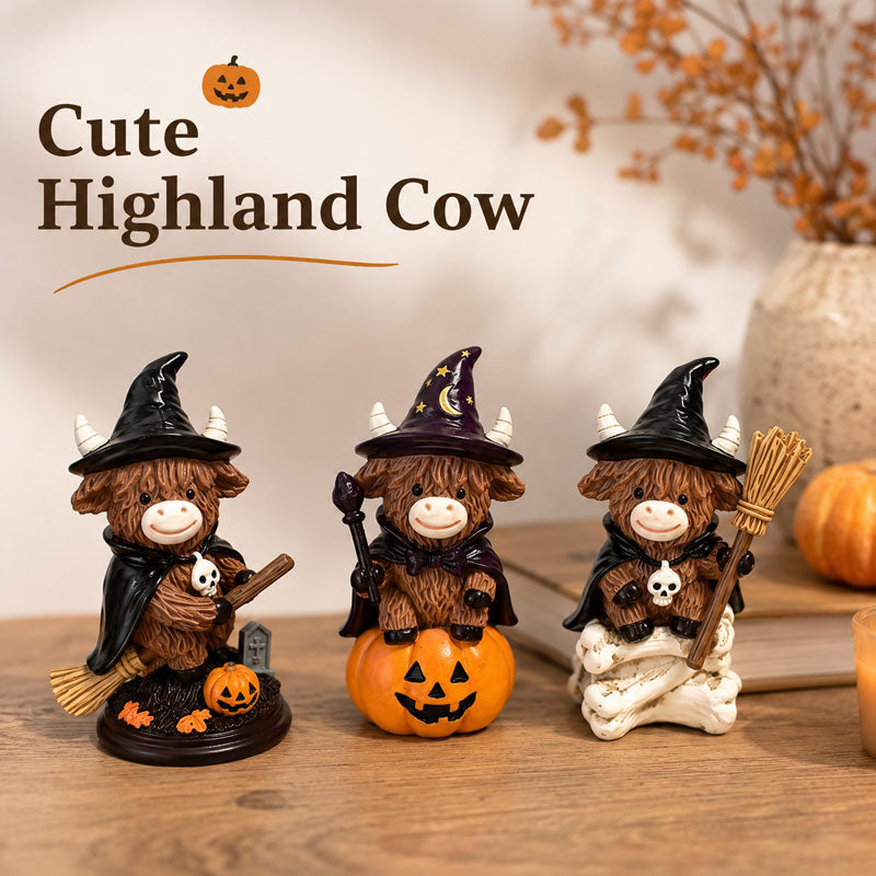 Halloween Highland Cow Witch Ornament – Spooky-Cute Tabletop Decor for Mantel, Shelf & Candy Station-ZZZ