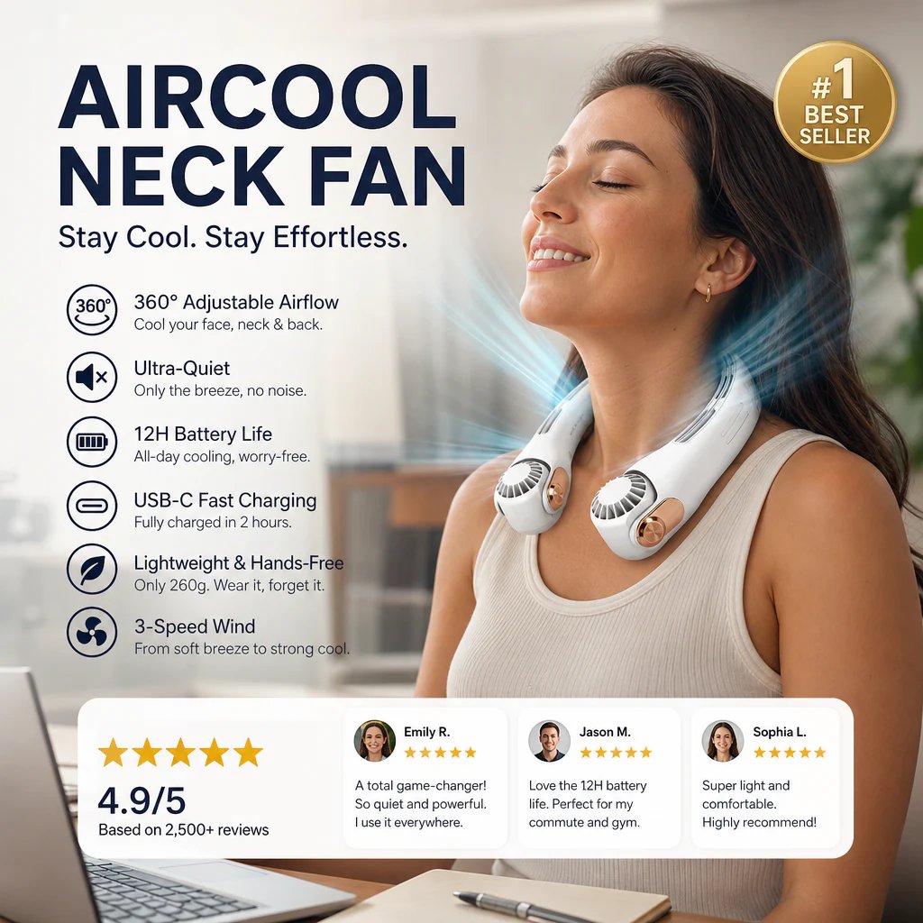 🥳2026 HOT SALE🥳💞50K+ SOLD!🍃 Neck Air Conditioner Fan – Ultra‐quiet, 360° rotating, 3 speeds. Hands‐free cooling, long battery. Summer essential! 😎🌬️
