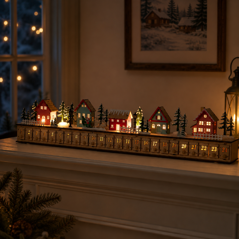 Home Reflections Christmas Village Advent Calendar – DIY Wooden Countdown Decoration with LED Lights, Music & 24 Gift Drawers-Dongg