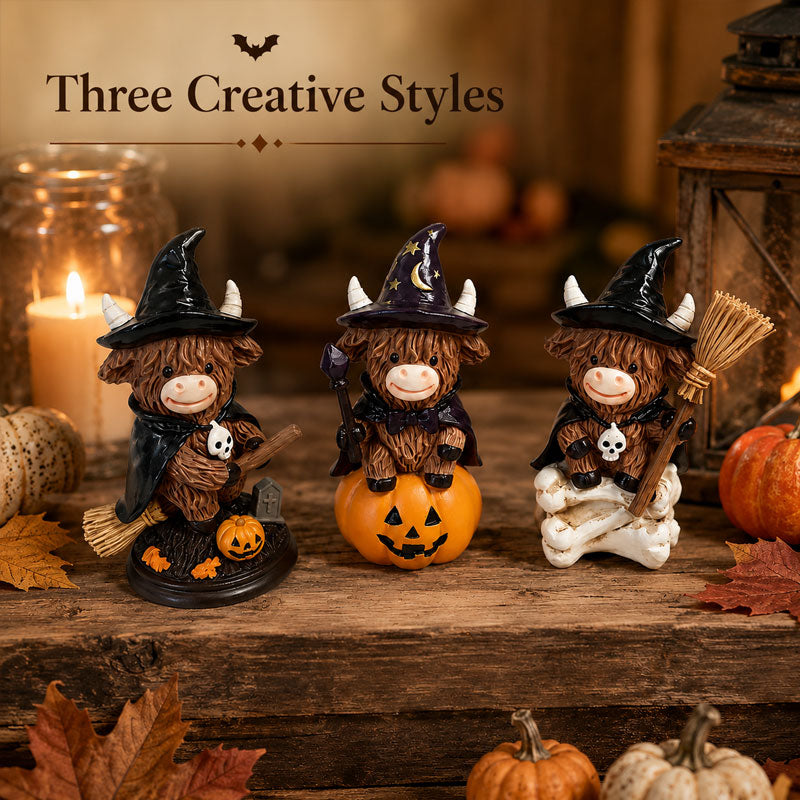 Halloween Highland Cow Witch Ornament – Spooky-Cute Tabletop Decor for Mantel, Shelf & Candy Station-ZZZ