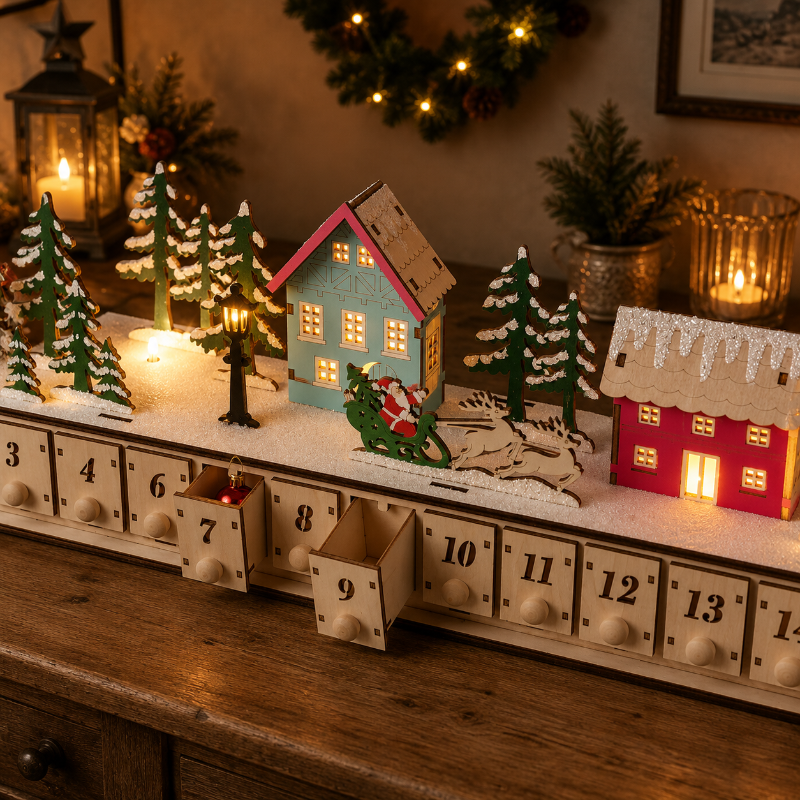 Home Reflections Christmas Village Advent Calendar – DIY Wooden Countdown Decoration with LED Lights, Music & 24 Gift Drawers-Dongg