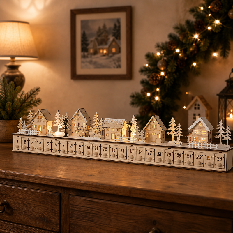 Home Reflections Christmas Village Advent Calendar – DIY Wooden Countdown Decoration with LED Lights, Music & 24 Gift Drawers-Dongg