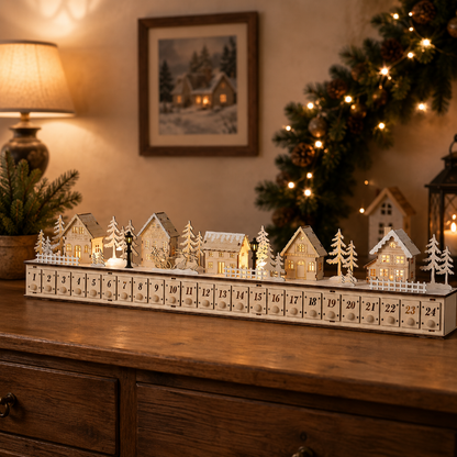 Home Reflections Christmas Village Advent Calendar – DIY Wooden Countdown Decoration with LED Lights, Music & 24 Gift Drawers-Dongg