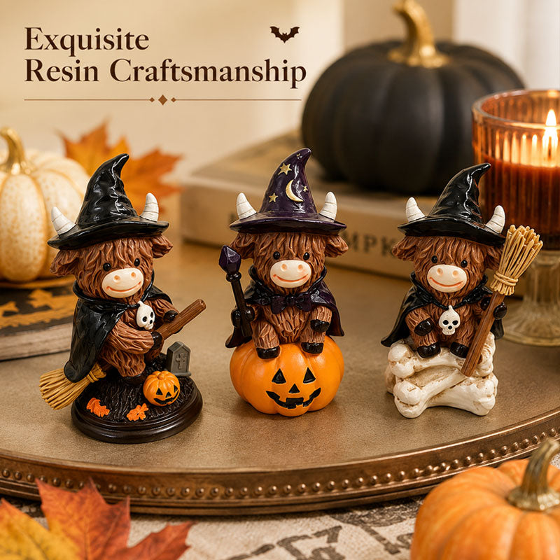 Halloween Highland Cow Witch Ornament – Spooky-Cute Tabletop Decor for Mantel, Shelf & Candy Station-ZZZ