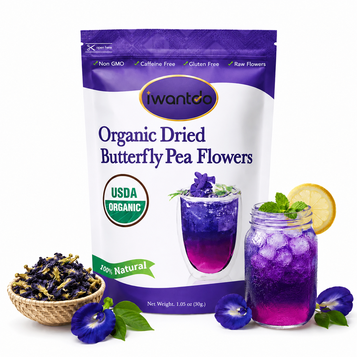 Iwantdo® Organic Dried Butterfly Pea Flower Tea | 100+ Cups | Color-Changing Blue to Purple | Loose Leaf | USDA Organic | Thailand | Cocktails, Lattes & Natural Food Dye | 1.05oz