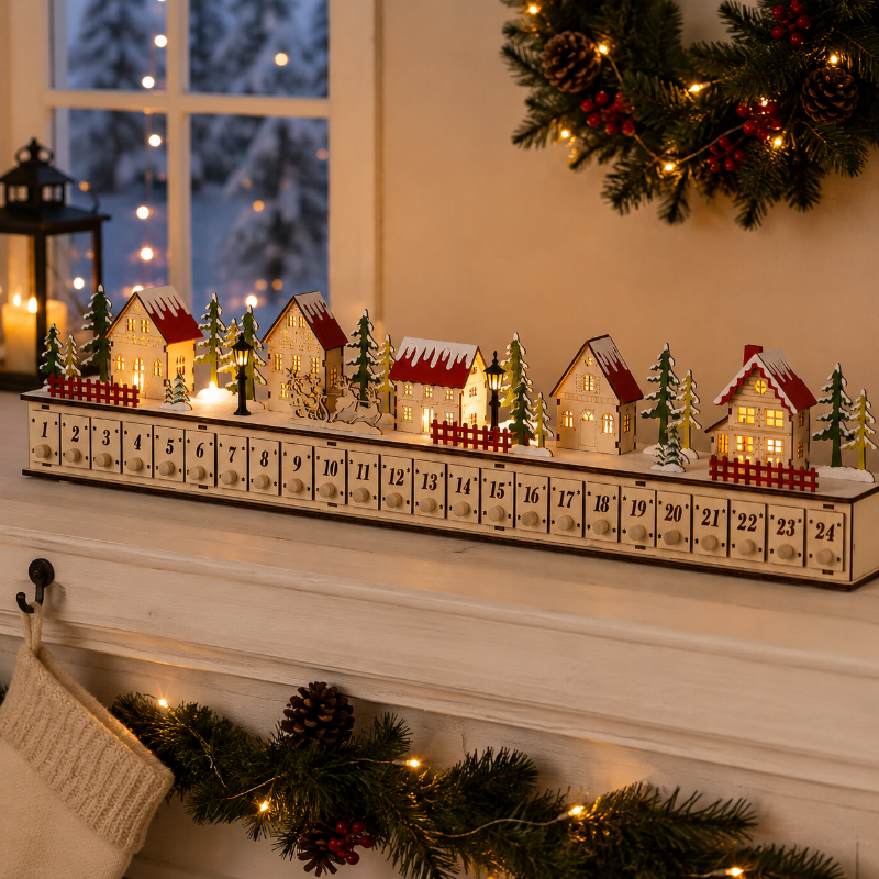 Home Reflections Christmas Village Advent Calendar – DIY Wooden Countdown Decoration with LED Lights, Music & 24 Gift Drawers-Dongg