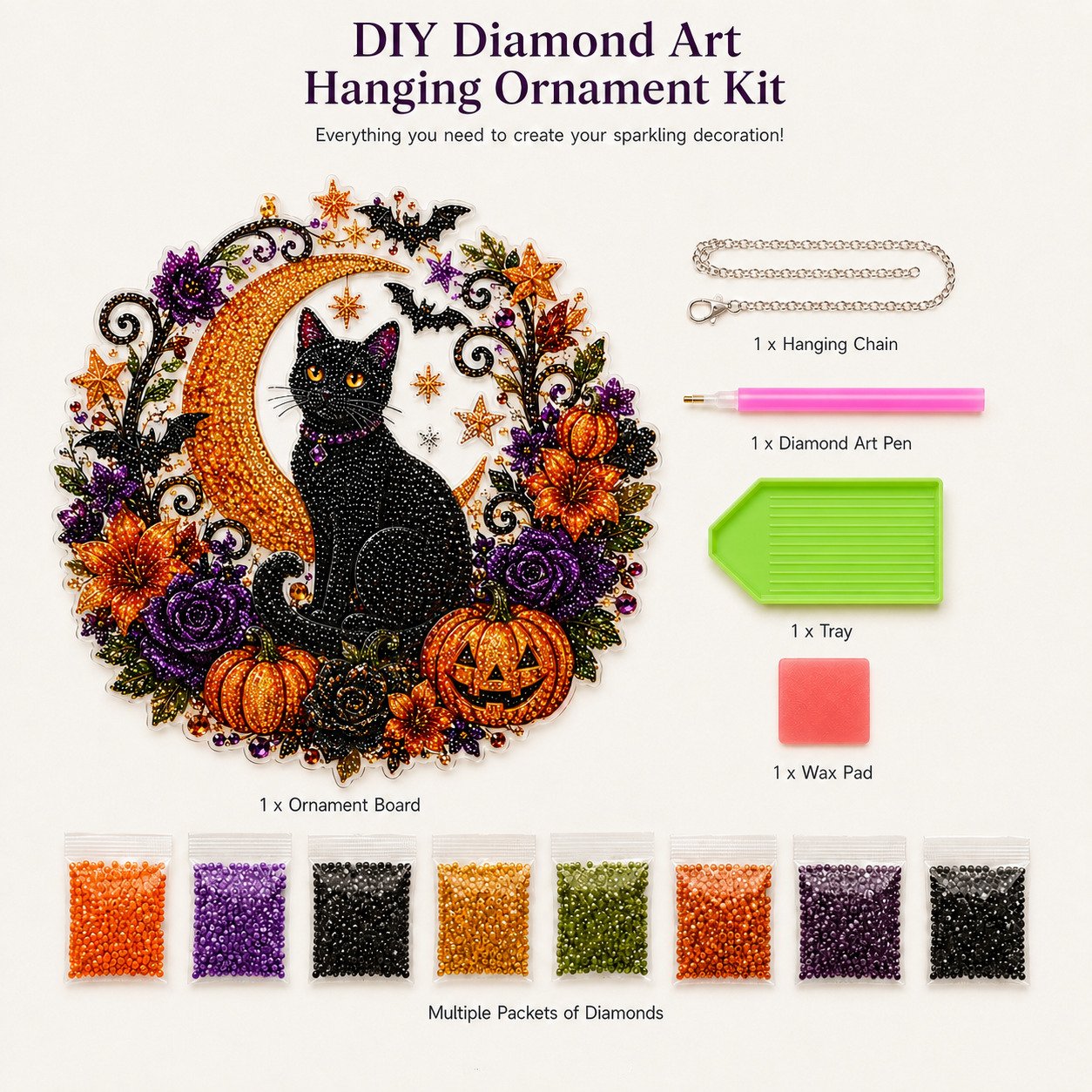 🔥Last Day 50% OFF-🎃Halloween Black Cat Moon Diamond Art Hanging Ornament Kit