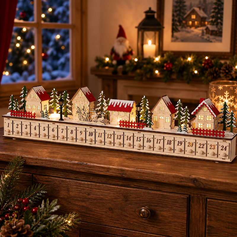 Home Reflections Christmas Village Advent Calendar – DIY Wooden Countdown Decoration with LED Lights, Music & 24 Gift Drawers-Dongg