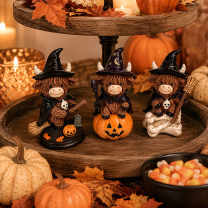 Halloween Highland Cow Witch Ornament – Spooky-Cute Tabletop Decor for Mantel, Shelf & Candy Station-ZZZ