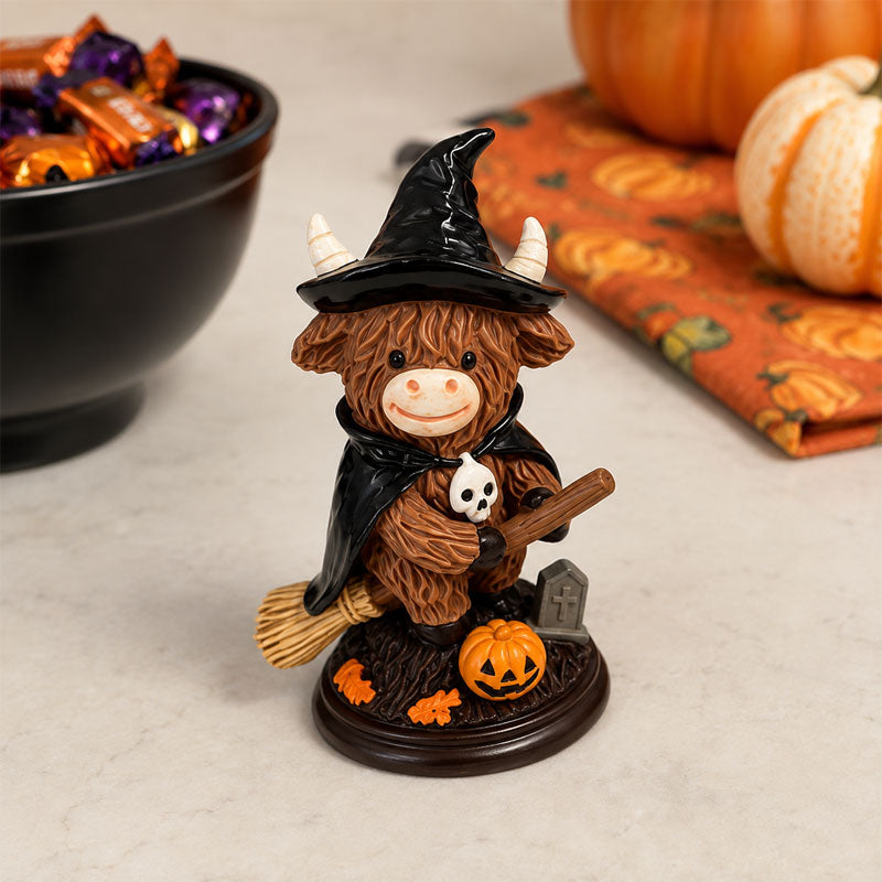 Halloween Highland Cow Witch Ornament – Spooky-Cute Tabletop Decor for Mantel, Shelf & Candy Station-ZZZ