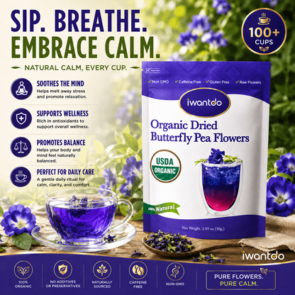 Iwantdo® Organic Dried Butterfly Pea Flower Tea | 100+ Cups | Color-Changing Blue to Purple | Loose Leaf | USDA Organic | Thailand | Cocktails, Lattes & Natural Food Dye | 1.05oz