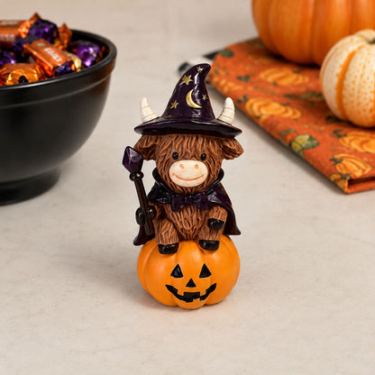 Halloween Highland Cow Witch Ornament – Spooky-Cute Tabletop Decor for Mantel, Shelf & Candy Station-ZZZ