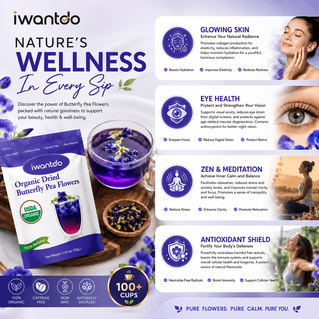 Iwantdo® Organic Dried Butterfly Pea Flower Tea | 100+ Cups | Color-Changing Blue to Purple | Loose Leaf | USDA Organic | Thailand | Cocktails, Lattes & Natural Food Dye | 1.05oz