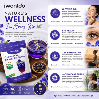Iwantdo® Organic Dried Butterfly Pea Flower Tea | 100+ Cups | Color-Changing Blue to Purple | Loose Leaf | USDA Organic | Thailand | Cocktails, Lattes & Natural Food Dye | 1.05oz
