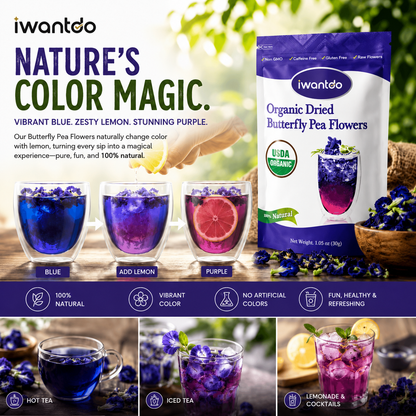 Iwantdo® Organic Dried Butterfly Pea Flower Tea | 100+ Cups | Color-Changing Blue to Purple | Loose Leaf | USDA Organic | Thailand | Cocktails, Lattes & Natural Food Dye | 1.05oz