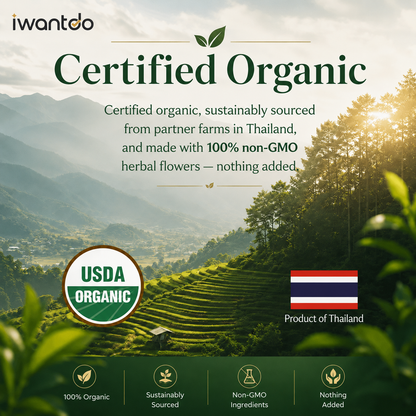 Iwantdo® Organic Dried Butterfly Pea Flower Tea | 100+ Cups | Color-Changing Blue to Purple | Loose Leaf | USDA Organic | Thailand | Cocktails, Lattes & Natural Food Dye | 1.05oz