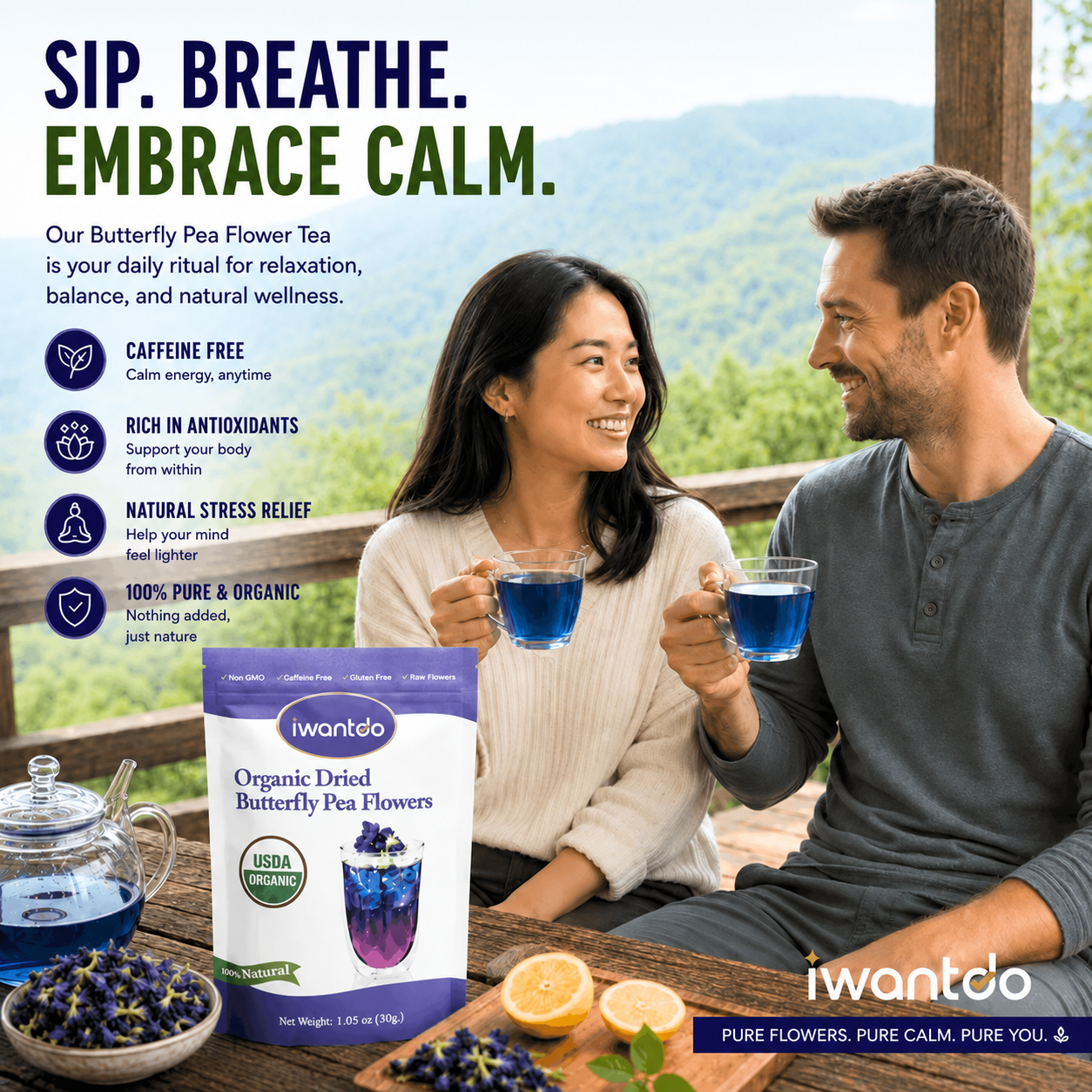 Iwantdo® Organic Dried Butterfly Pea Flower Tea | 100+ Cups | Color-Changing Blue to Purple | Loose Leaf | USDA Organic | Thailand | Cocktails, Lattes & Natural Food Dye | 1.05oz