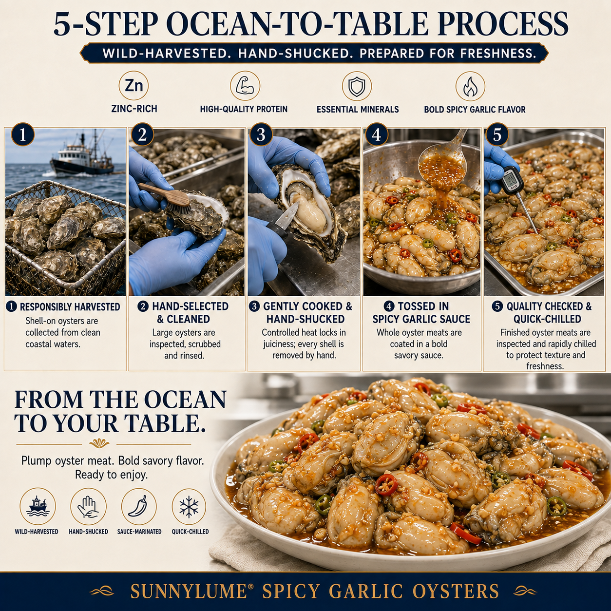 Five-step process from responsible oyster harvest to cooking, saucing and quality checking