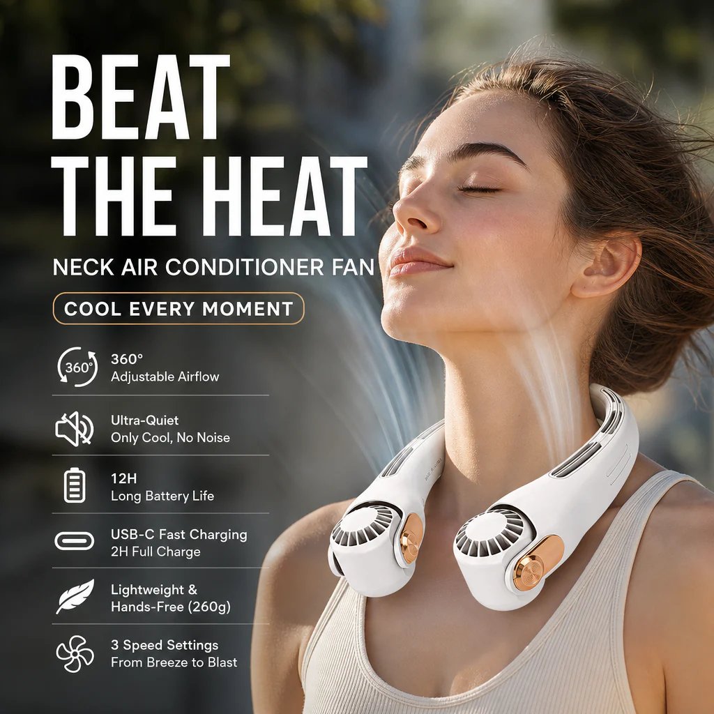 🥳2026 HOT SALE🥳💞50K+ SOLD!🍃 Neck Air Conditioner Fan – Ultra‐quiet, 360° rotating, 3 speeds. Hands‐free cooling, long battery. Summer essential! 😎🌬️