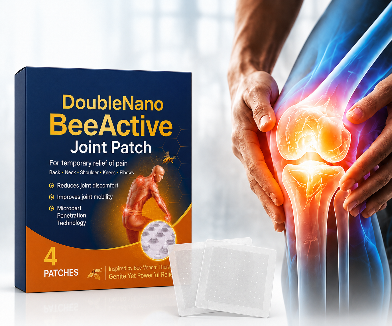 DoubleNano BeeActive Joint Patch beside a glowing knee-joint illustration