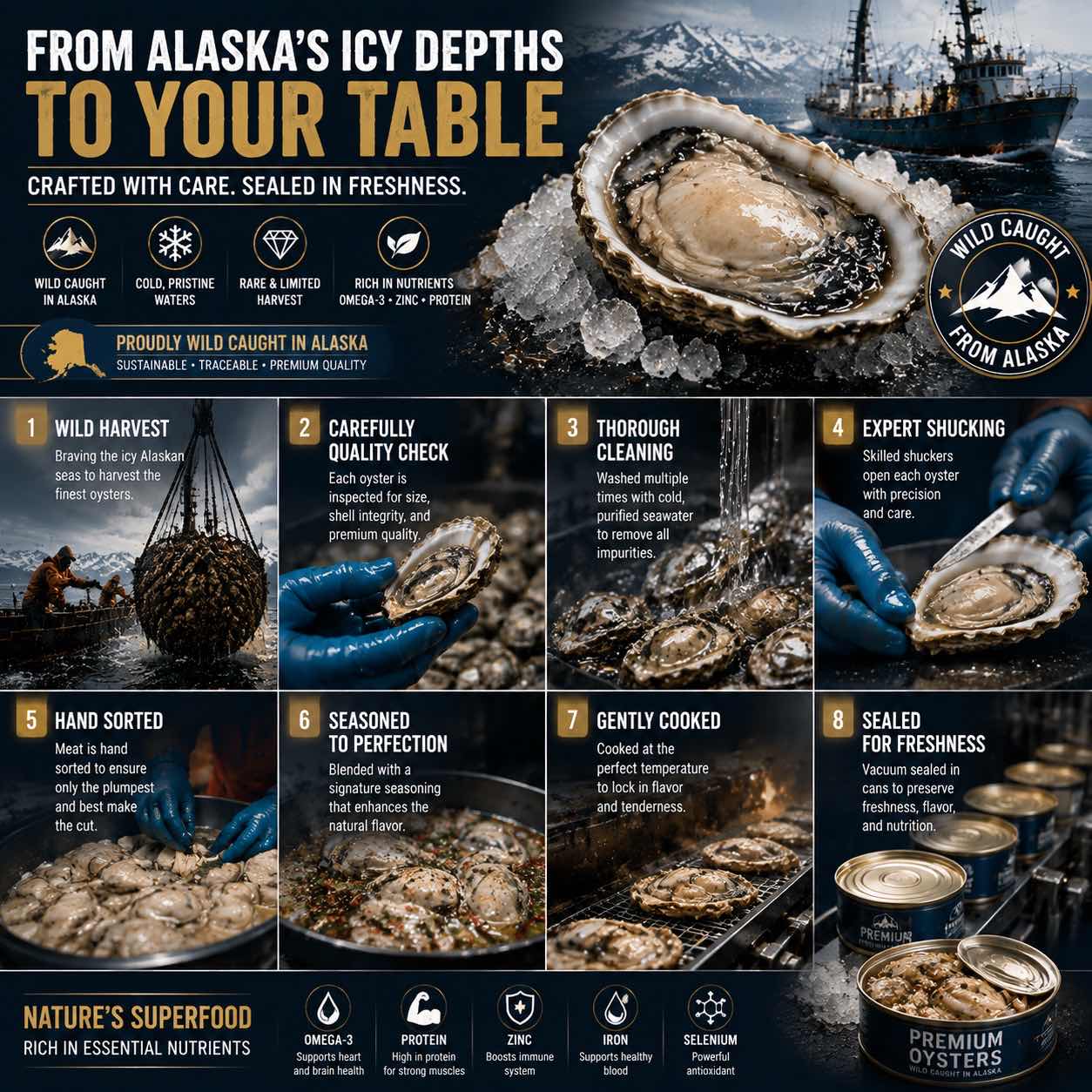 Alaska oyster journey from wild harvest and quality checking through shucking, seasoning, cooking and freshness-focused packing