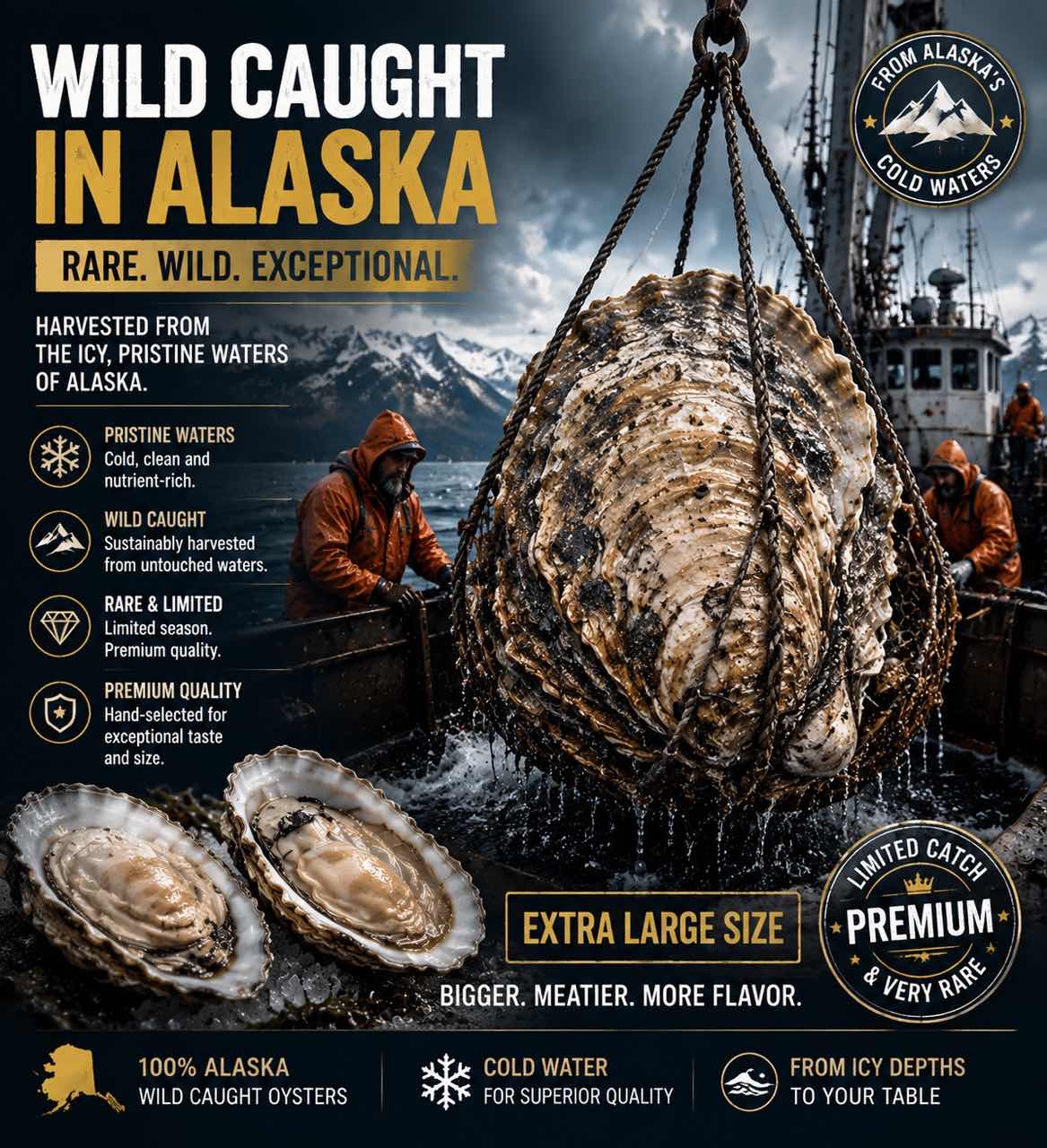 Wild-caught Alaska oysters harvested from cold pristine waters