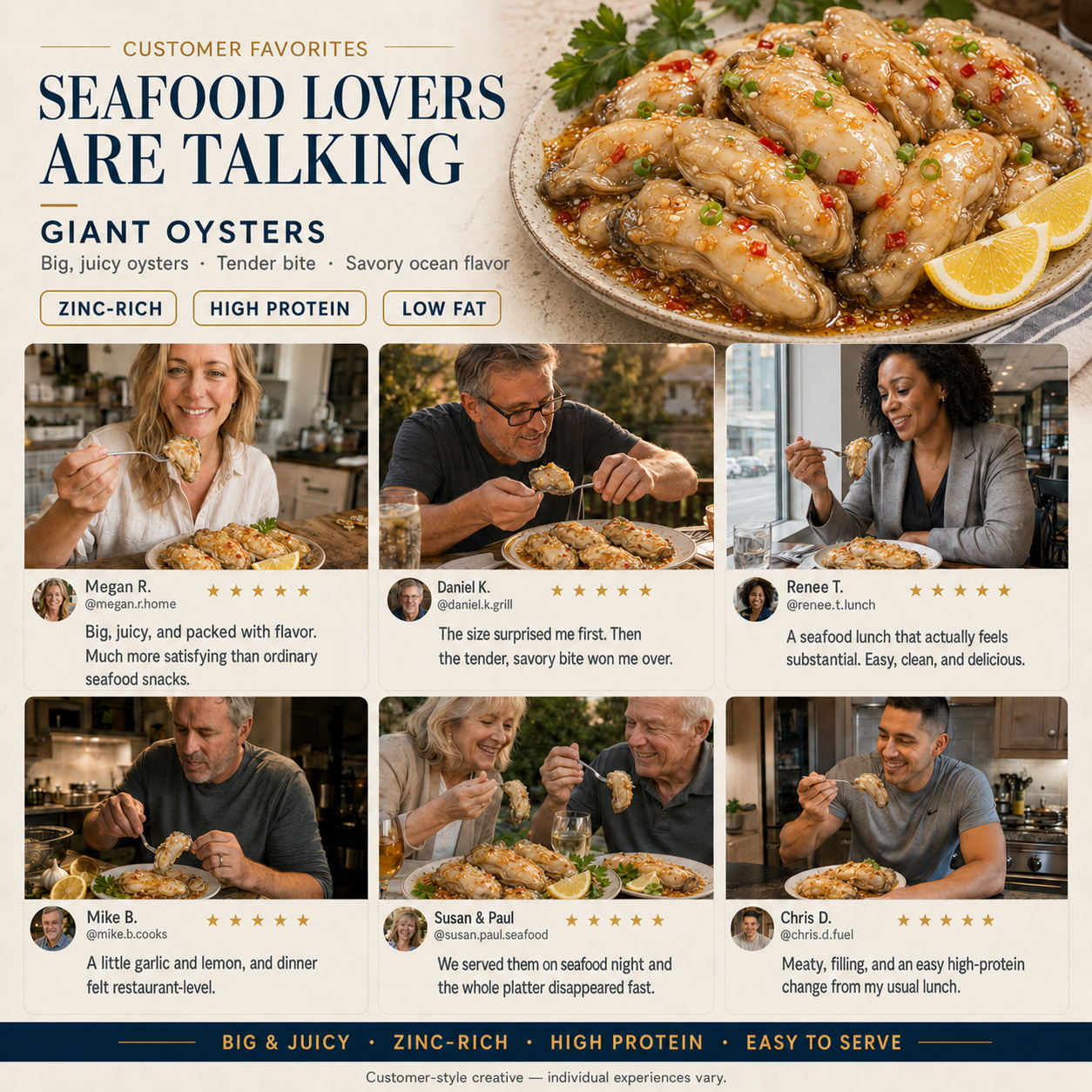 Seafood lovers sharing their experience with plump spicy garlic oysters